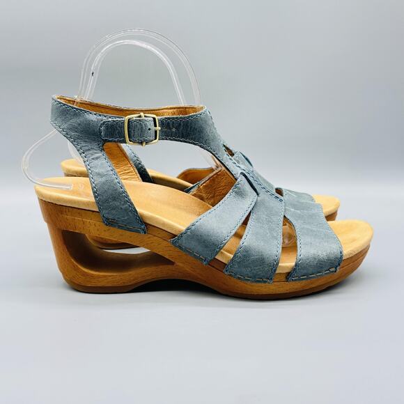 Dansko Shoes Womens 9.5 Blue Leather Sandals Trudy Wooden Wedge Ankle Strappy - Picture 1 of 11